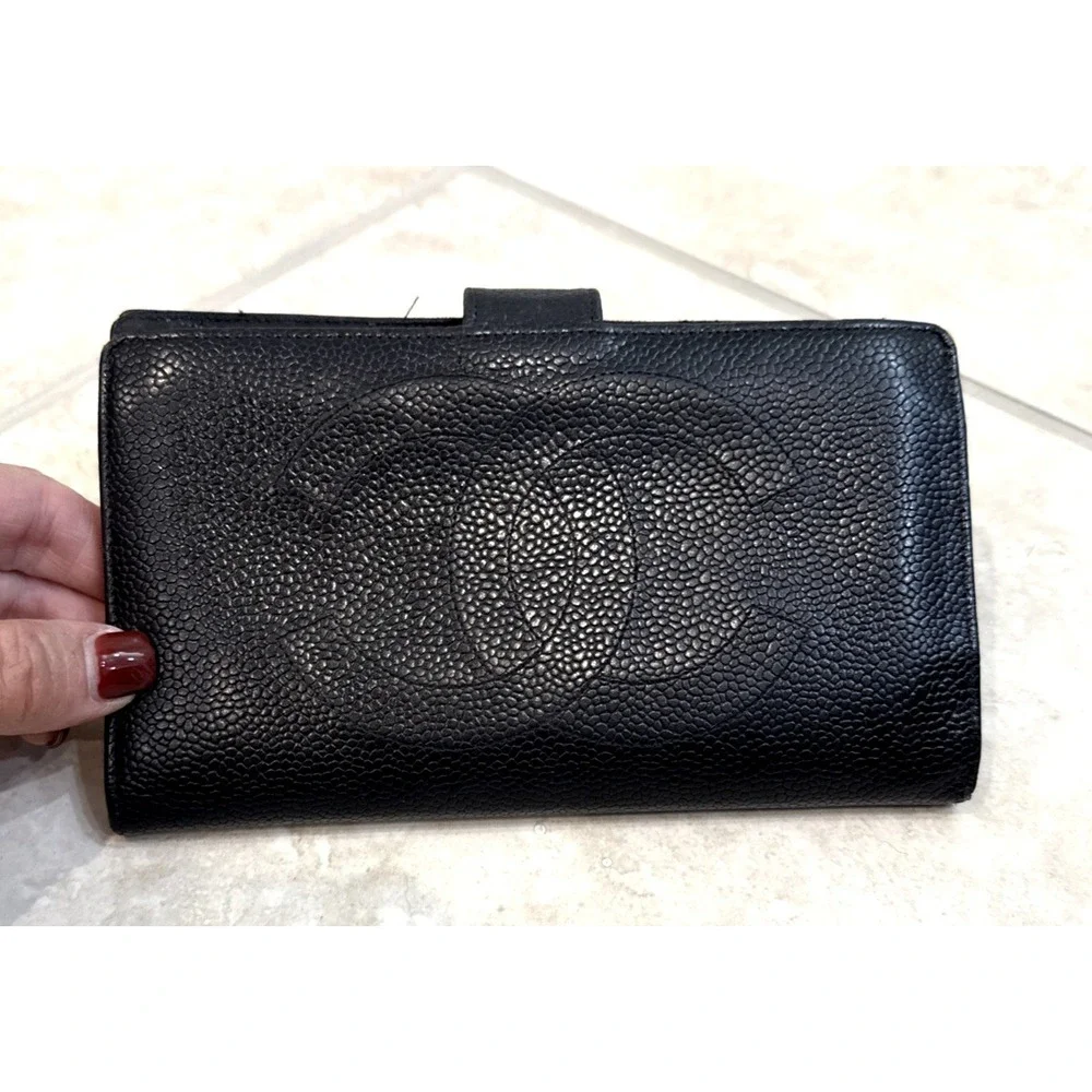 Chanel CC Logo Caviar Leather Bifold Wallet Black Gold Kiss Lock France*AS‎ IS